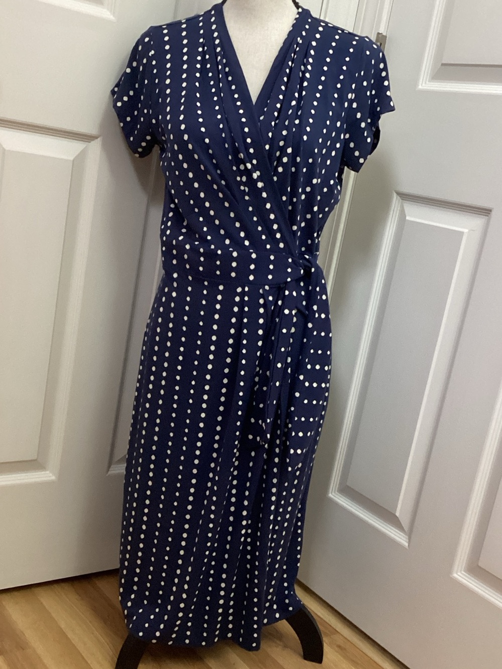 Ann Taylor Navy and White Polka Dot Wrap Midi Dress, size 10.
